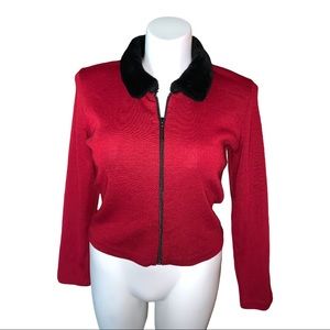 Lennie For Nina Leonard Red Zip Jacket Wool Acrylic Faux Fur Collar Vintage